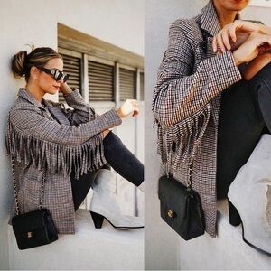 NEW Rails Jagger Houndstooth Print Fringe Tweed Wool Blazer Coat Jacket XS